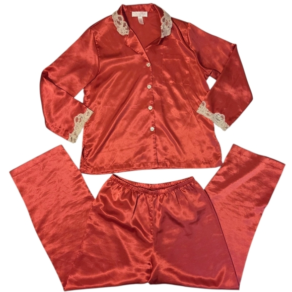 Oscar De La Renta Pink Label Silky Satin Coral Pink Lace 2 Piece Matching Set Pj - Picture 2 of 12